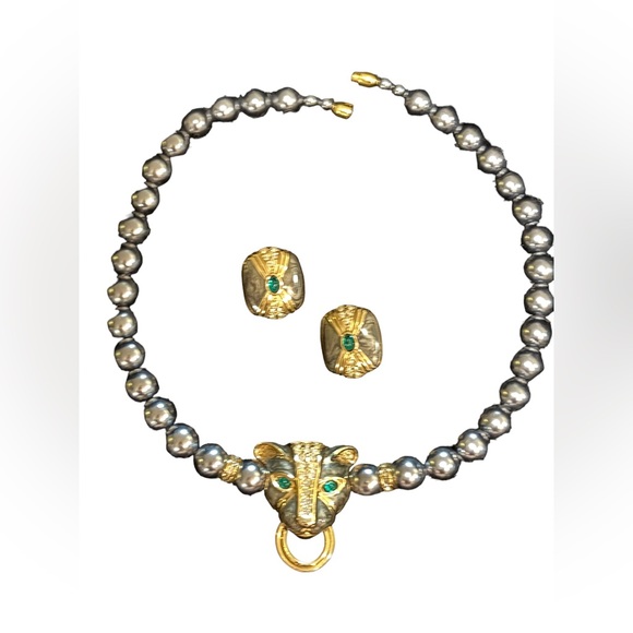 Vintage KJL Faux Grey Pearl crystal enameled panther necklace & earrings Set - Picture 1 of 11